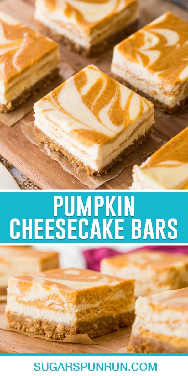 collage of pumpkin cheesecake bars, top image of nicely cut bars spread out neatly on wood slab, bottom image of close of cheesecake bar and its swirls