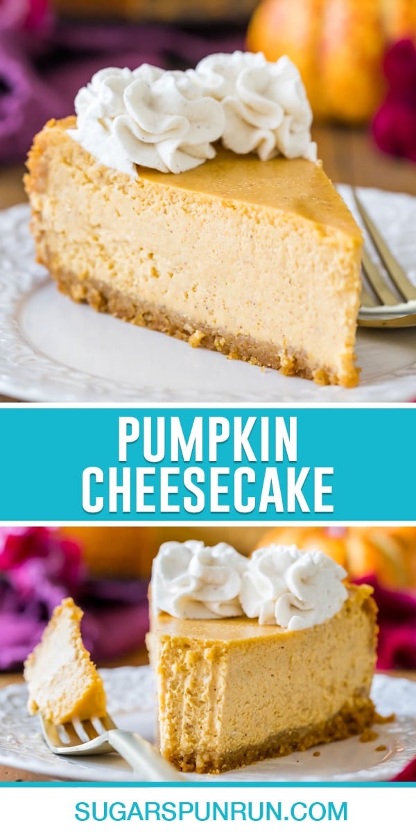 collage of pumpkin cheesecake, top image of single slice on white plate close up, bottom image of slice with bite taken out