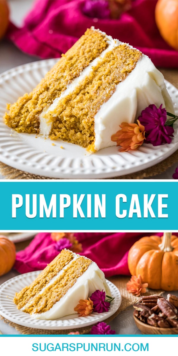 collage of pumpkin cake, top image of close up of single slice of cake with bite taken out, bottom image of slice of cake further away