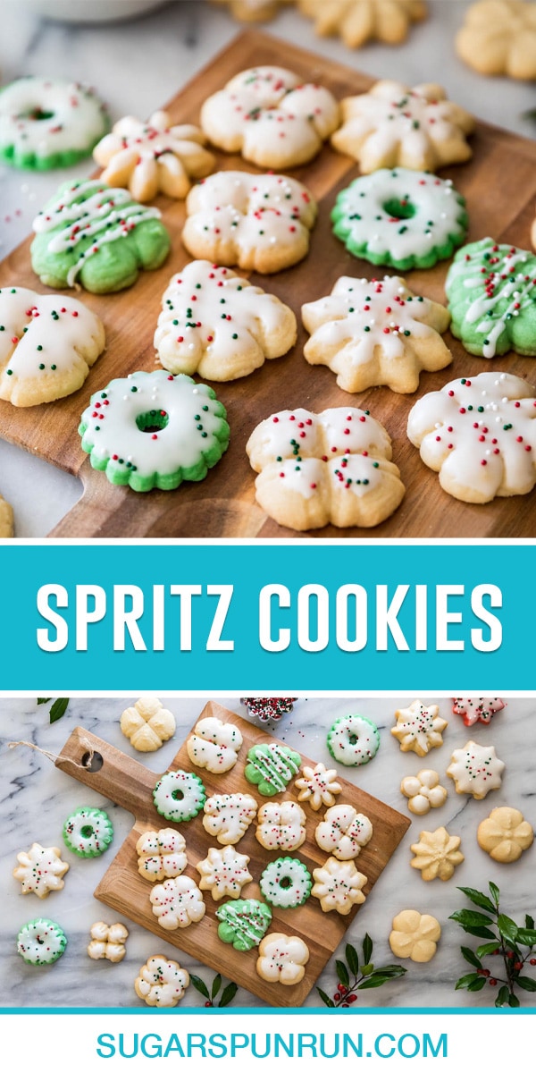 collage of spritz cookies, top image is close up of decorated cookies on wood tray, bottom image taken of same image from above