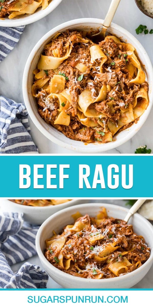collage of beef ragu, top image was taken of bowl of ragu from above, bottom image taken from side view