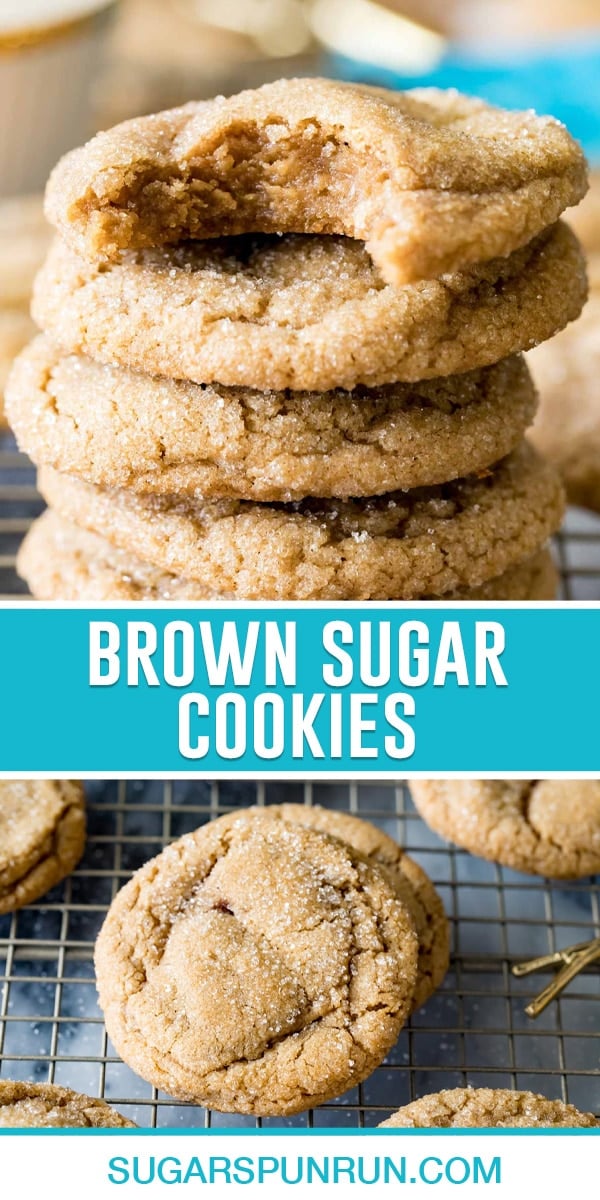 collage of brown sugar cookies, top image of cookies stacked, bottom image is a close up of cookie on cooling rack