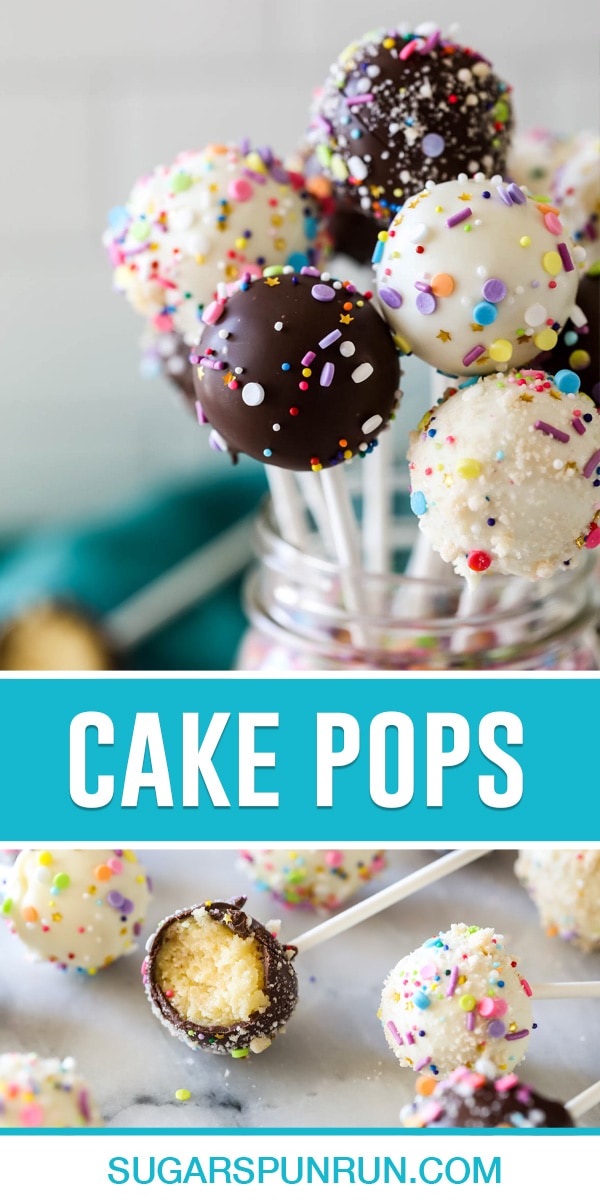 collage of cake pops, top image of multiple cake pops in glass mason jar, bottom image of cake pops neatly spread out on marble slab with bite taken out of one