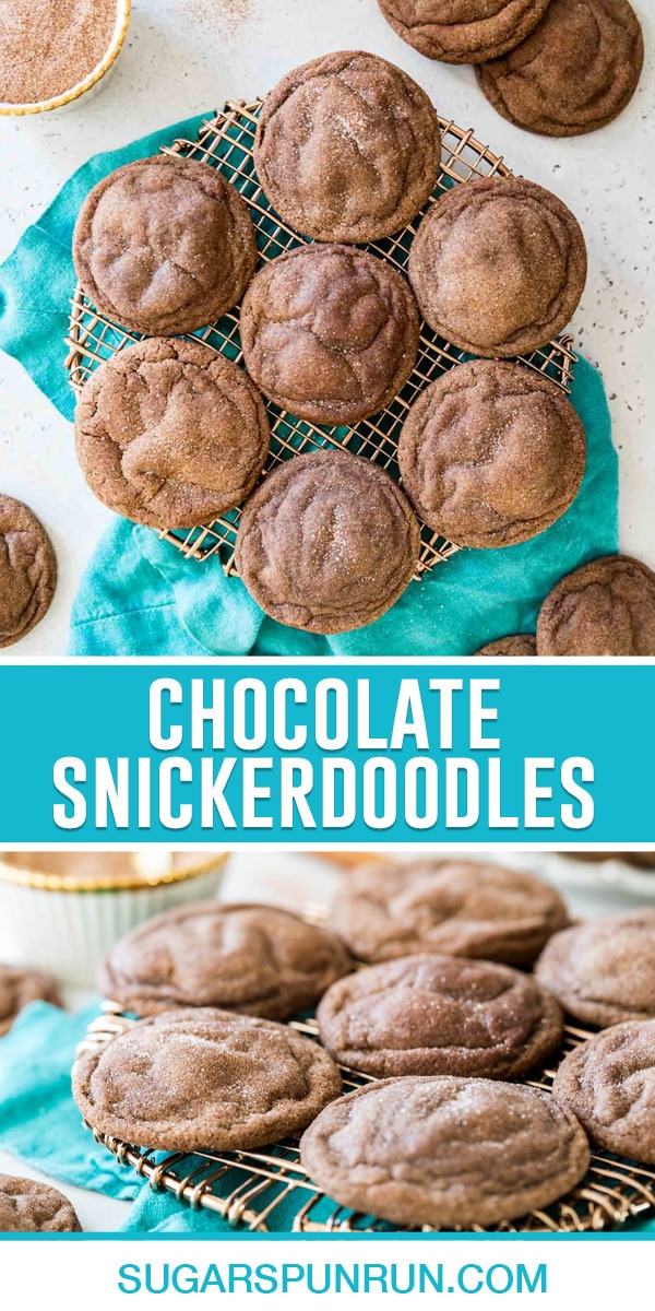 collage of chocolate snickerdoodles, top image of cookies on gold cooling rack photographed from above, bottom image close up of cookies