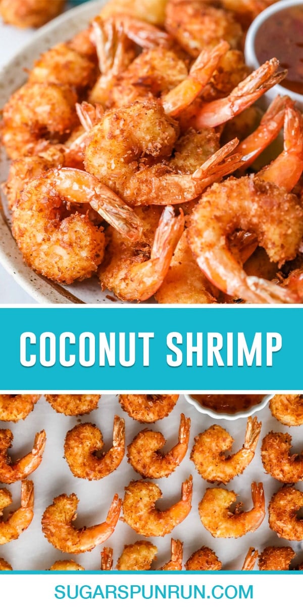 collage of coconut shrimp, top image is a close up of shrimp in bowl, bottom image of shrimp neatly spread out on marble slab