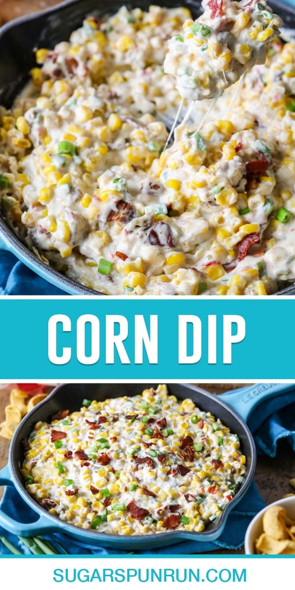 collage of corn dip, top image is a close up of dip, bottom image of dip in blue pan