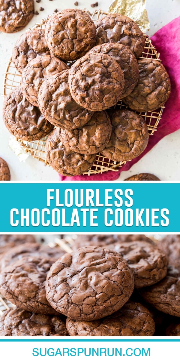 collage of flourless chocolate cookies, top image photographed from above of cookies stacked on gold wire rack, bottom image is a close up of cookies