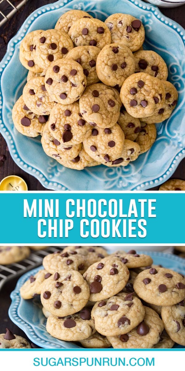 collage of mini chocolate chips, top image of cookies stacked in blue plate photographed from above, bottom image photographed from the side
