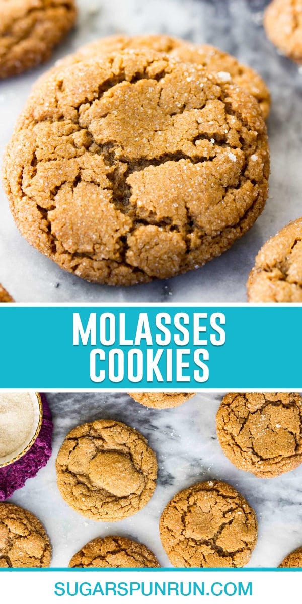 collage of molasses cookies, top image of single cookie close up, bottom image of the cookies nicely spread out on marble slab