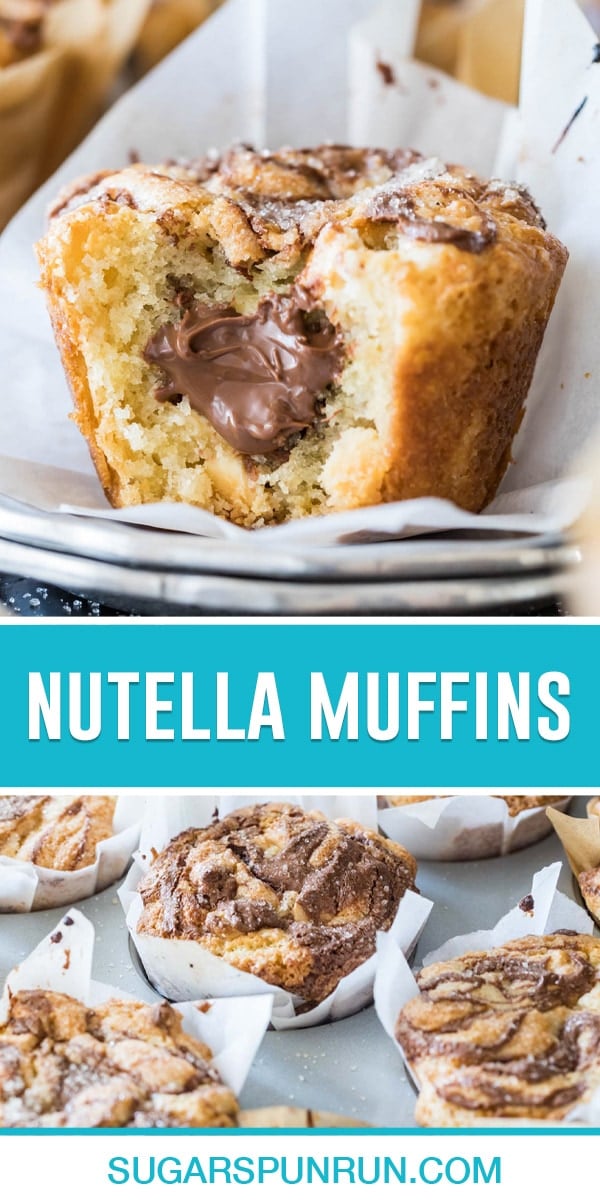 collage of nutella muffins, top image is of close up with bite taken out, bottom image of muffins cooling in muffin pan