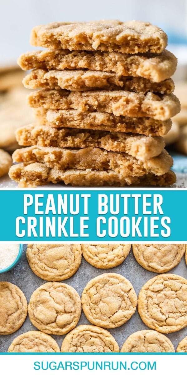 collage of peanut butter crinkle cookies, top image of cookies stacked, bottom image of them nicely placed on slab