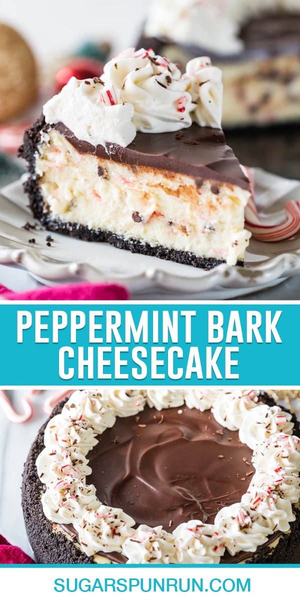 collage of peppermint bark cheesecake, top image of single slice of cheesecake, bottom image of full cheesecake
