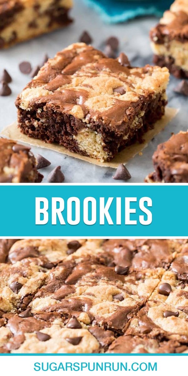 collage of brookies, top image image of single bar, bottom image of pan filled with cut brookies in pan