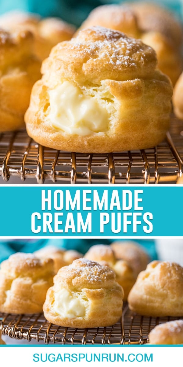 collage of homemade cream puffs, top image is a close up of single cream puff filled with pastry cream, bottom image of multiple puffs on gold wire server tray