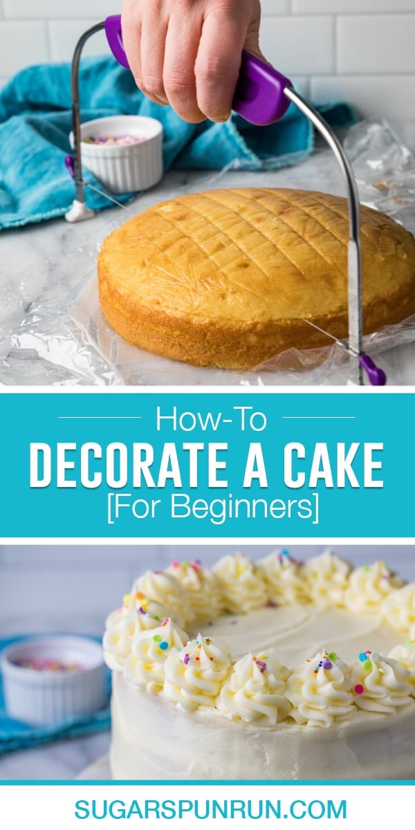 collage on how to decorate a cake, top image of cake being leveled, bottom image of decorated cake