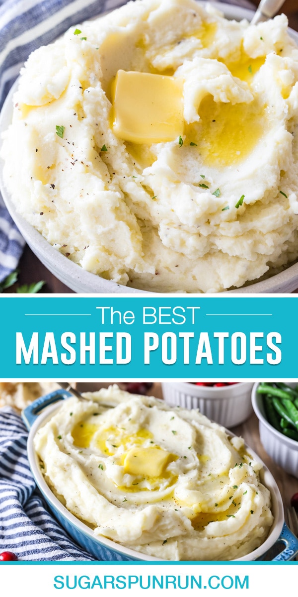 collage of mashed potatoes, top image is close up of mashed potatoes in white serving dish with slices of butter slowly melting, bottom image is a family serving size in blue baking dish on kitchen table