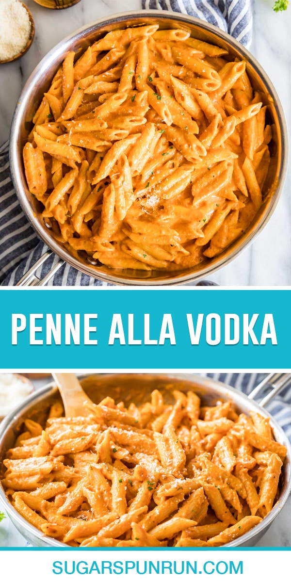 collage of Penne Alla Vodka, top image is a full pot of pasta photographed from above, bottom image is of a full pot photographed from the side