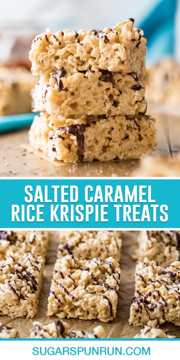 collage of salted caramel rice krispie treats, top image of three treats stacked, bottom image is of multiple squares cut and neatly placed on parchment paper
