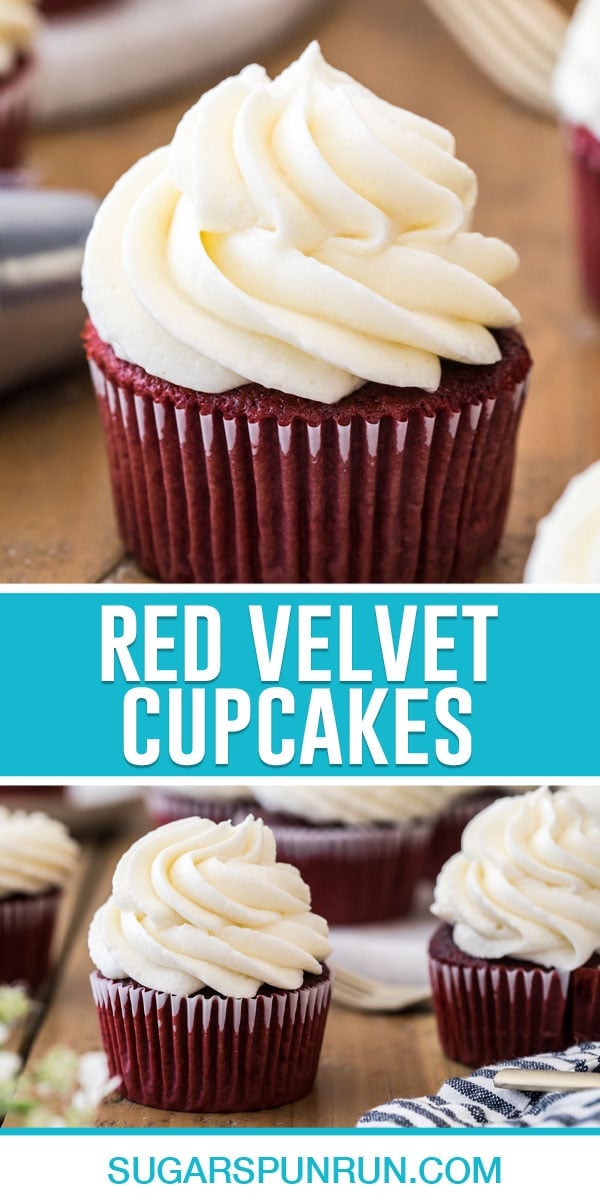 collage of red velvet cupcakes, top image of single red cupcake, bottom image of two cupcakes neatly spaced out