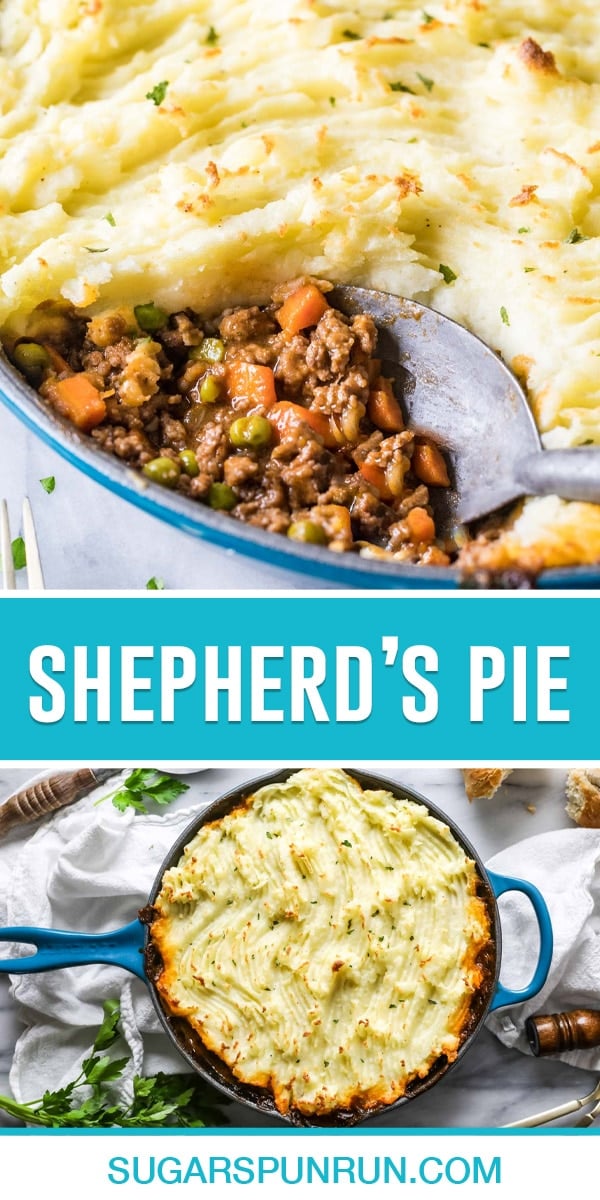 collage of shepherds pie, top image is a close up of pie being scooped out to serve, bottom image is of full cooked pie photographed from above