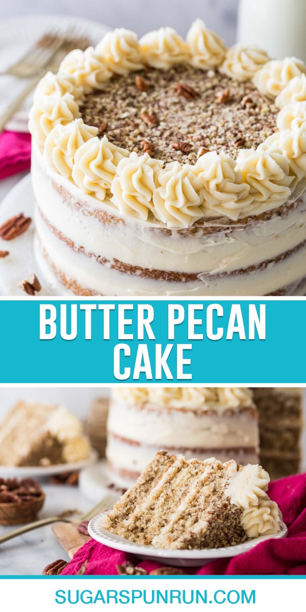 collage of butter pecan cake, top image of full cake, bottom image is a close up of single slice on white plate