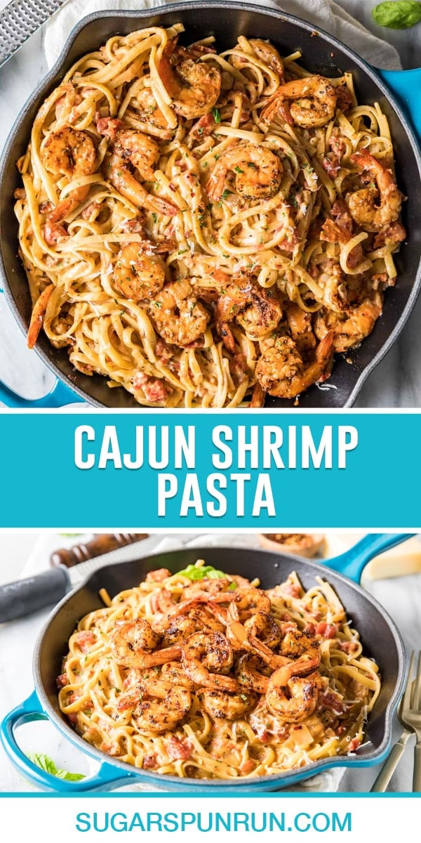 collage of cajun shrimp pasta, top image of pan of pasta photographed from above, bottom image of pasta in pan sideview