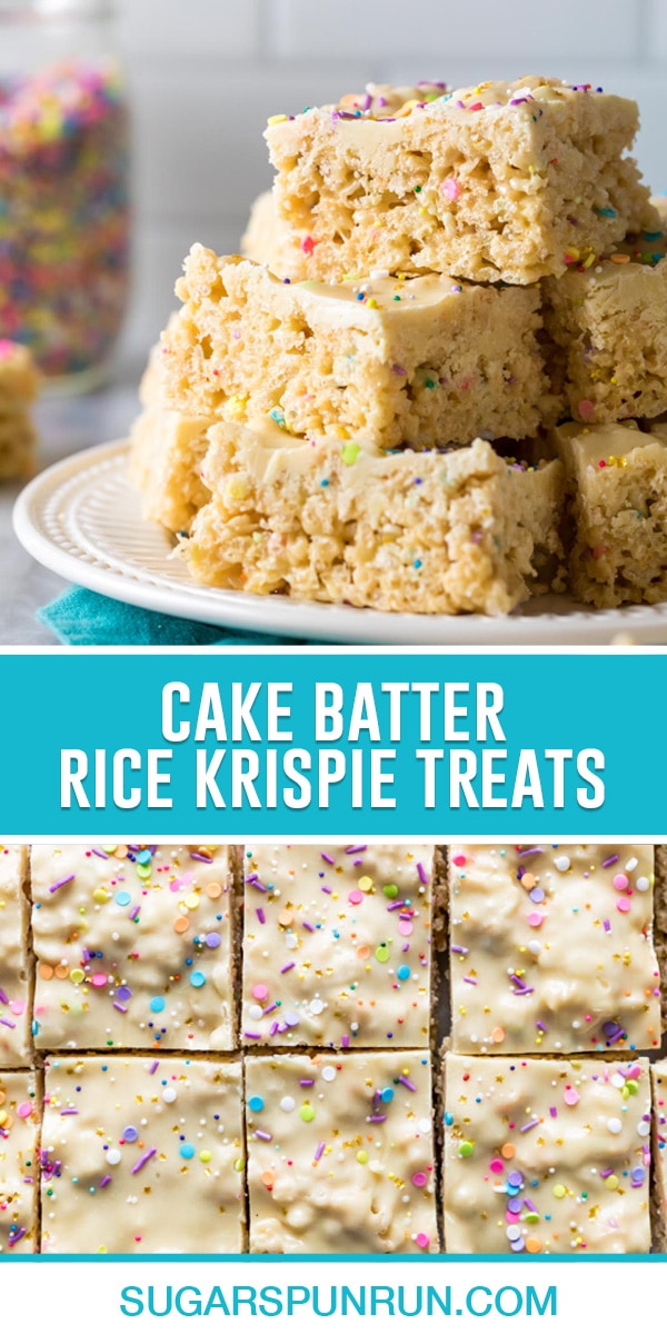 collage of cake batter rice krispie treats, top image of treats stacked, bottom image of treats sliced and photographed from above