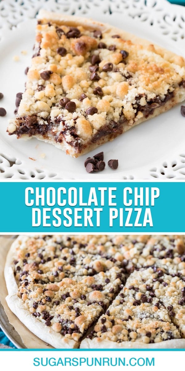 collage of chocolate chip dessert pizza, top image of single slice of pizza with bite taken out, bottom image of full pizza sliced