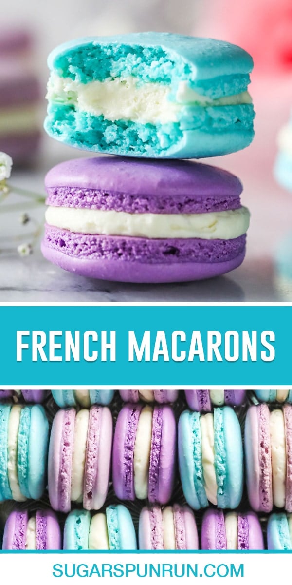 collage of french macarons, top image of two macarons stacked with bite taken out, bottom image of macarons stacked in box