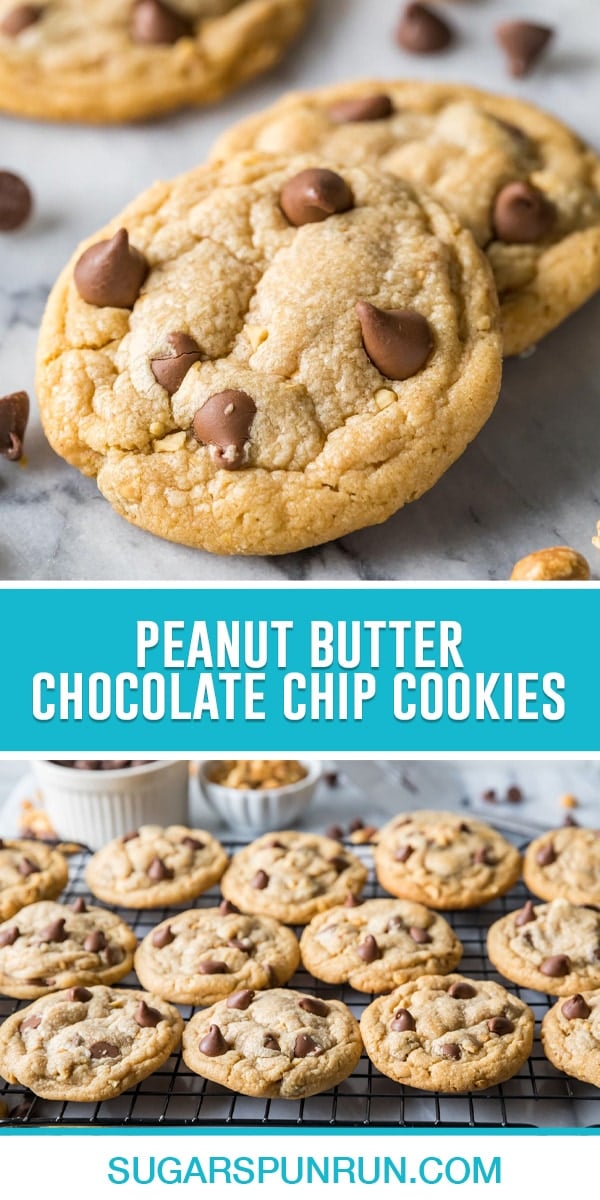 collage of peanut butter cookies, top image of two cookies close up nicely placed, bottom image of cookies cooling on cooling rack