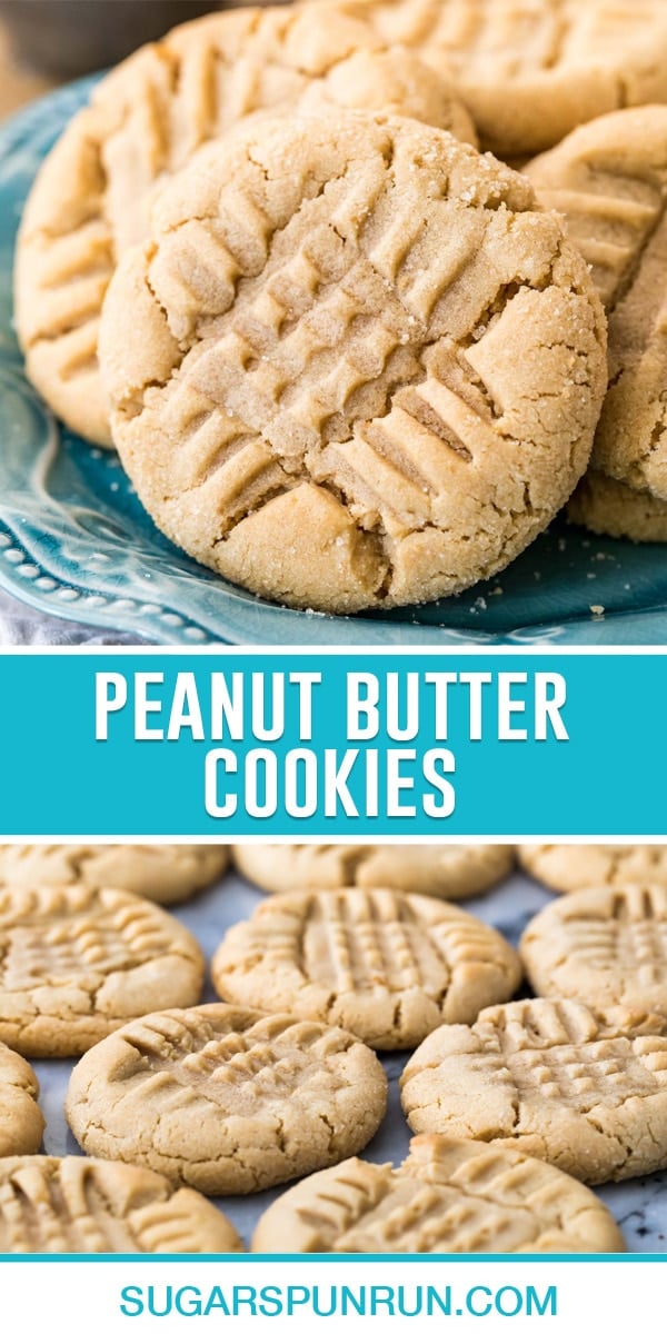 collage of peanut butter cookies, top image is a close up of single cookie, bottom image of multiple cookies cooling on marble slab