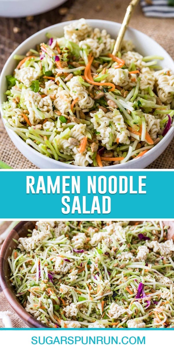 collage of ramen noodle salad, top image of white bowl filled with salad and gold spoon, bottom image of full salad in wood bowl
