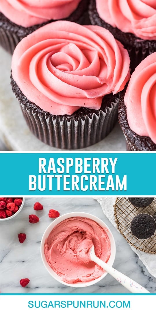collage of raspberry buttercream, top image is a close up of frosting piped on top of a chocolate cupcake, bottom image of frosting in bowl