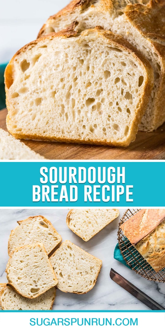 collage of sourdough bread, top image is a close up of bread loaf with sliced, bottom image of bread slices photographed from above