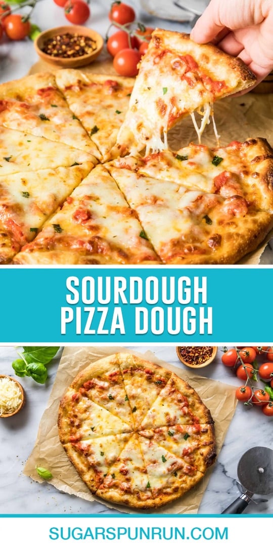 collage of sourdough pizza dough, top image of full pizza and slice being held, bottom image of full pizza from photographed from above