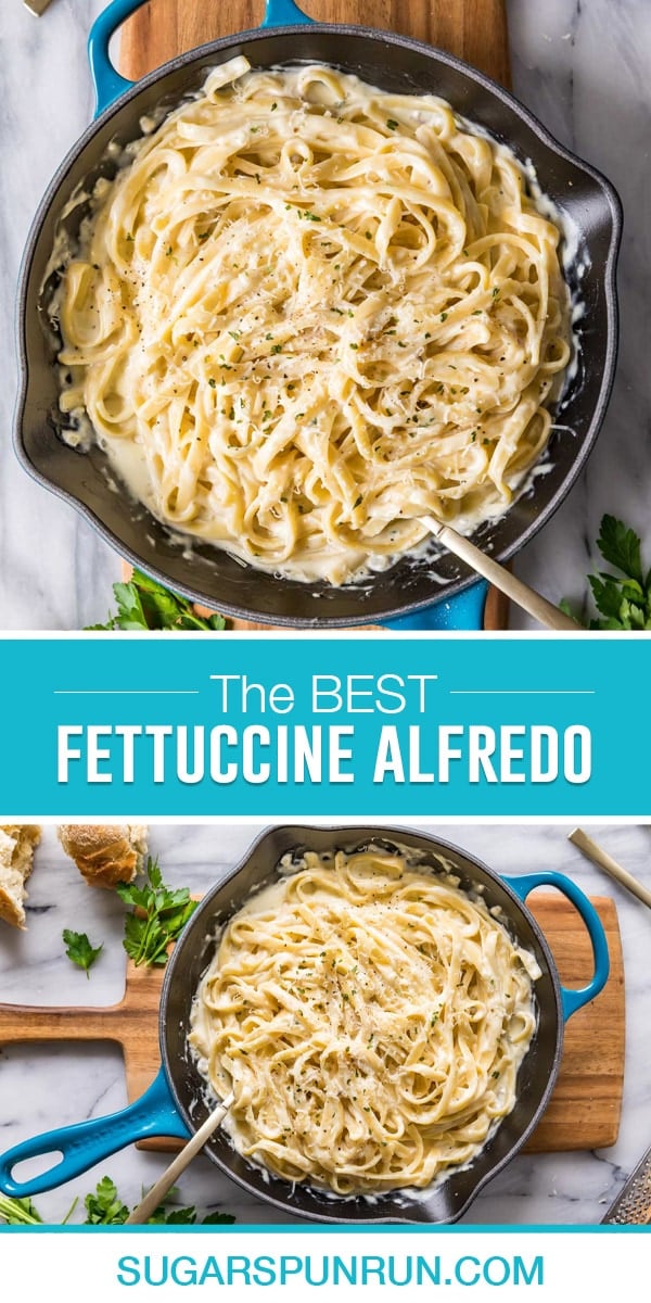 collage ofFettuccine Alfredo, top image of cast iron pot full of pasta close up, bottom image of same photographed further away