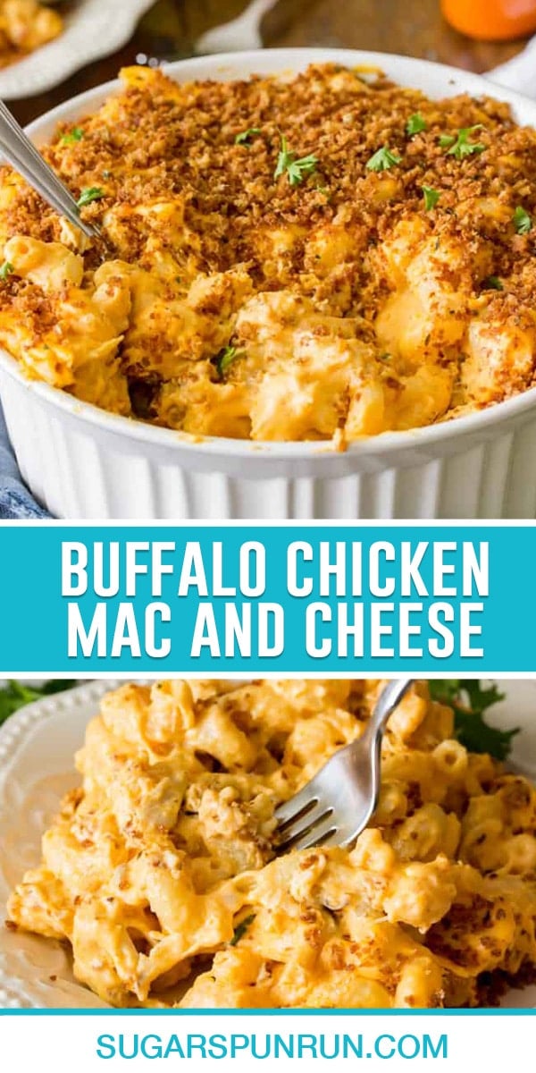 collage of buffalo chicken mac and cheese, top image of full bowl baked with serving spoon, bottom image of mac and cheese served on white plate with fork