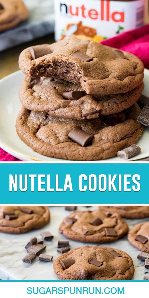 collage of Nutella cookies, top image of three cookies stacked, top cookie bite taken out. Bottom image is of multiple cookies nicely spread out on marble slab.