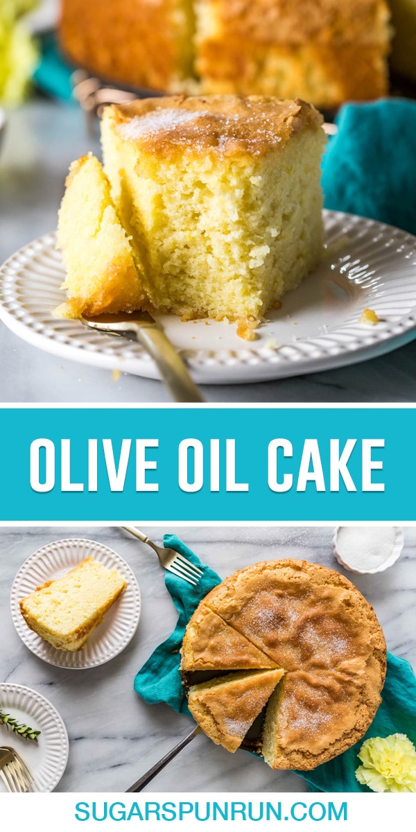 collage of olive oil cake, top image is a close up of single slice of cake bite taken out, bottom image of full cake with three slices cut, single slice on white plate