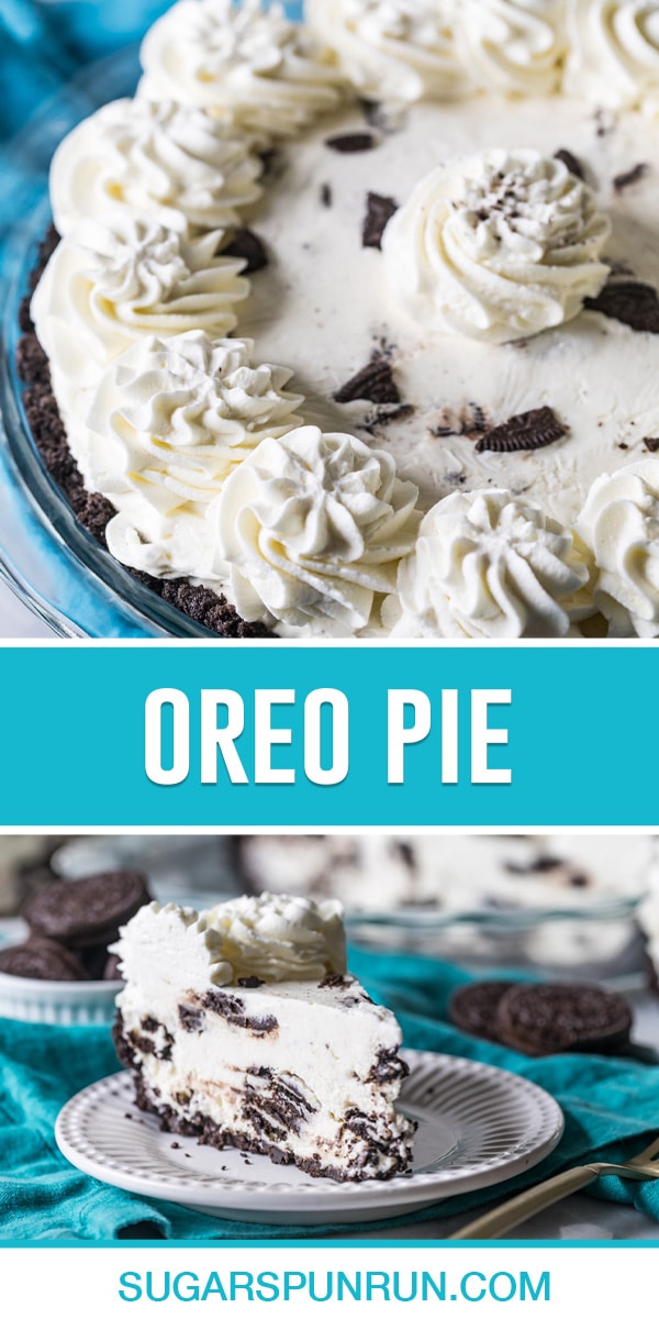 collage of oreo pie, top image of full pie, bottom image of single slice cut on white plate