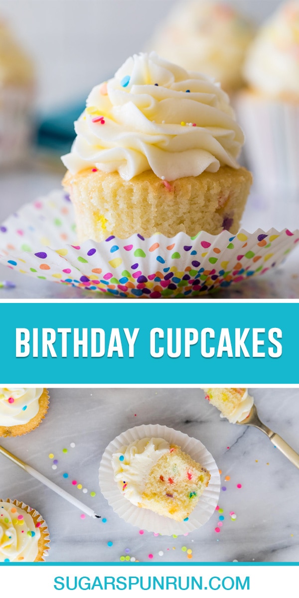 collage of birthday cupcakes, top image of single cupcakes with wrapper being removed, bottom image of bite taken out photographed from above with candle and fork surrounding it