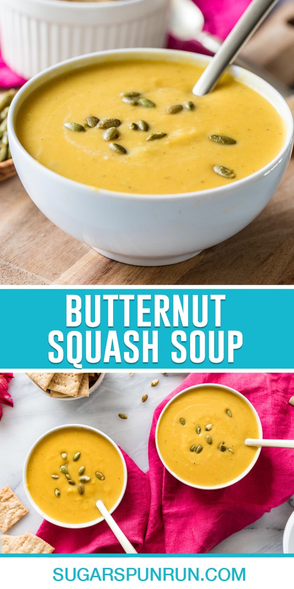 collage of butternut squash soup, top image close up of bowl of soup, bottom image of two bowls photographed from above.