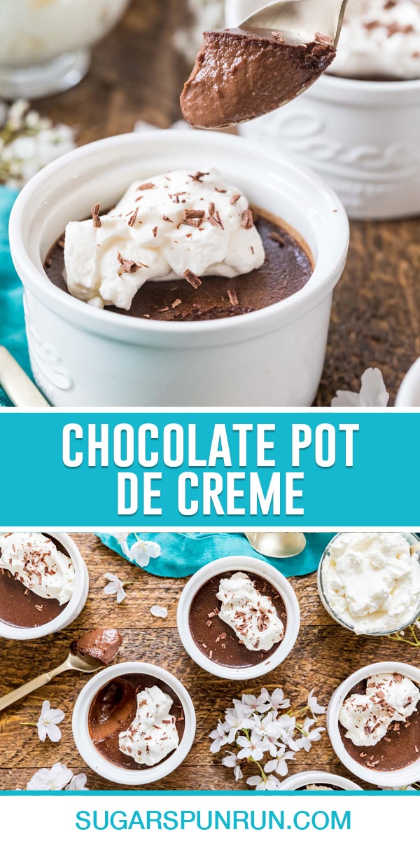collage of chocolate pot de creme, top image of single cup with spoon filled, bottom image of multiple ramekins filled nicely placed