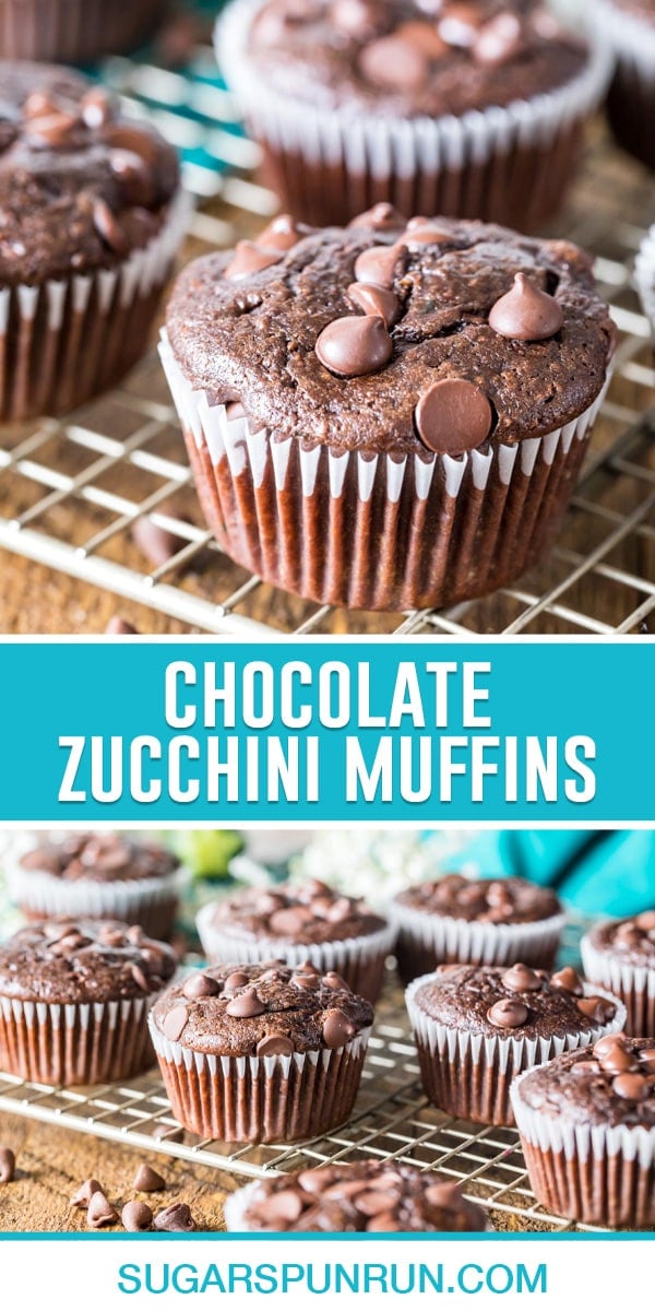 collage of chocolate zucchini muffins, top image is a close up of muffin, bottom image of multiple muffins nicely placed on gold wire cooling rack