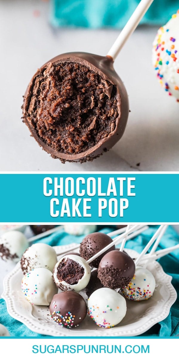 collage of chocolate cake pops, top image is a close up of cake pop with bite taken out, bottom image of white chocolate and milk chocolate coated cake pops on white serving tray.