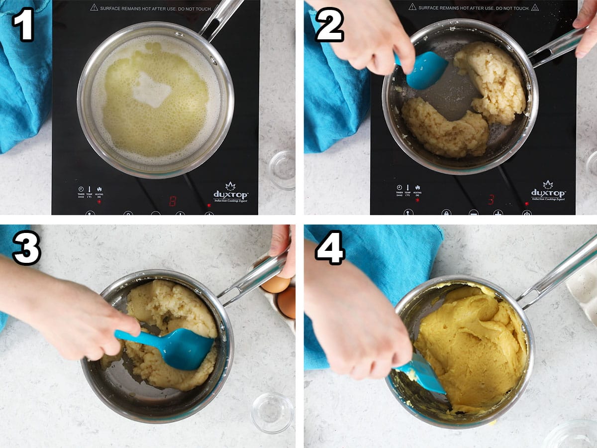 Collage of four photos showing choux pastry dough being prepared.