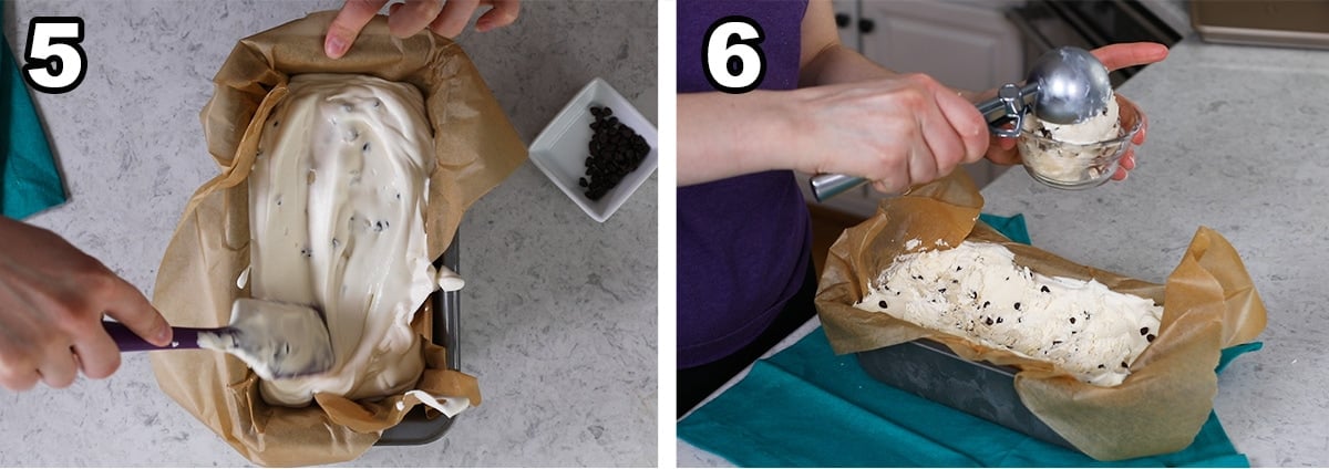Collage of four photos showing no churn ice cream being spread into a pan and scooped after chilling.