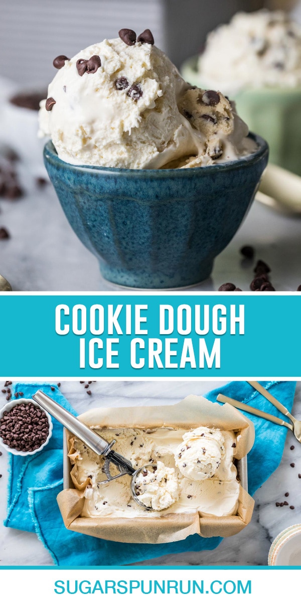 collage of cookie dough ice cream, top image of ice cream scooped into a teal bowl, bottom image of ice cream in pan being scooped photographed from above