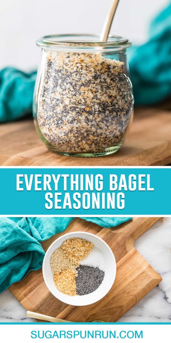 collage of everything bagel seasoning, top image of spices in clear jar, bottom image of spices in white small bowl not mixed together, photographed from above