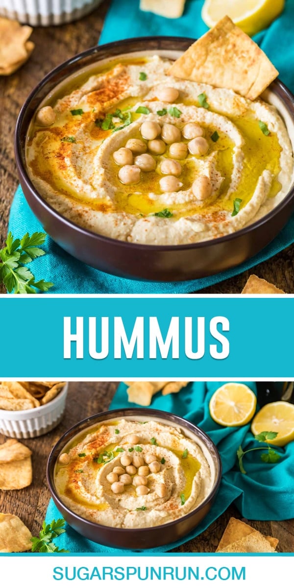 collage of hummus, top image is a close up of hummus with cracker in it, bottom image taken further away.